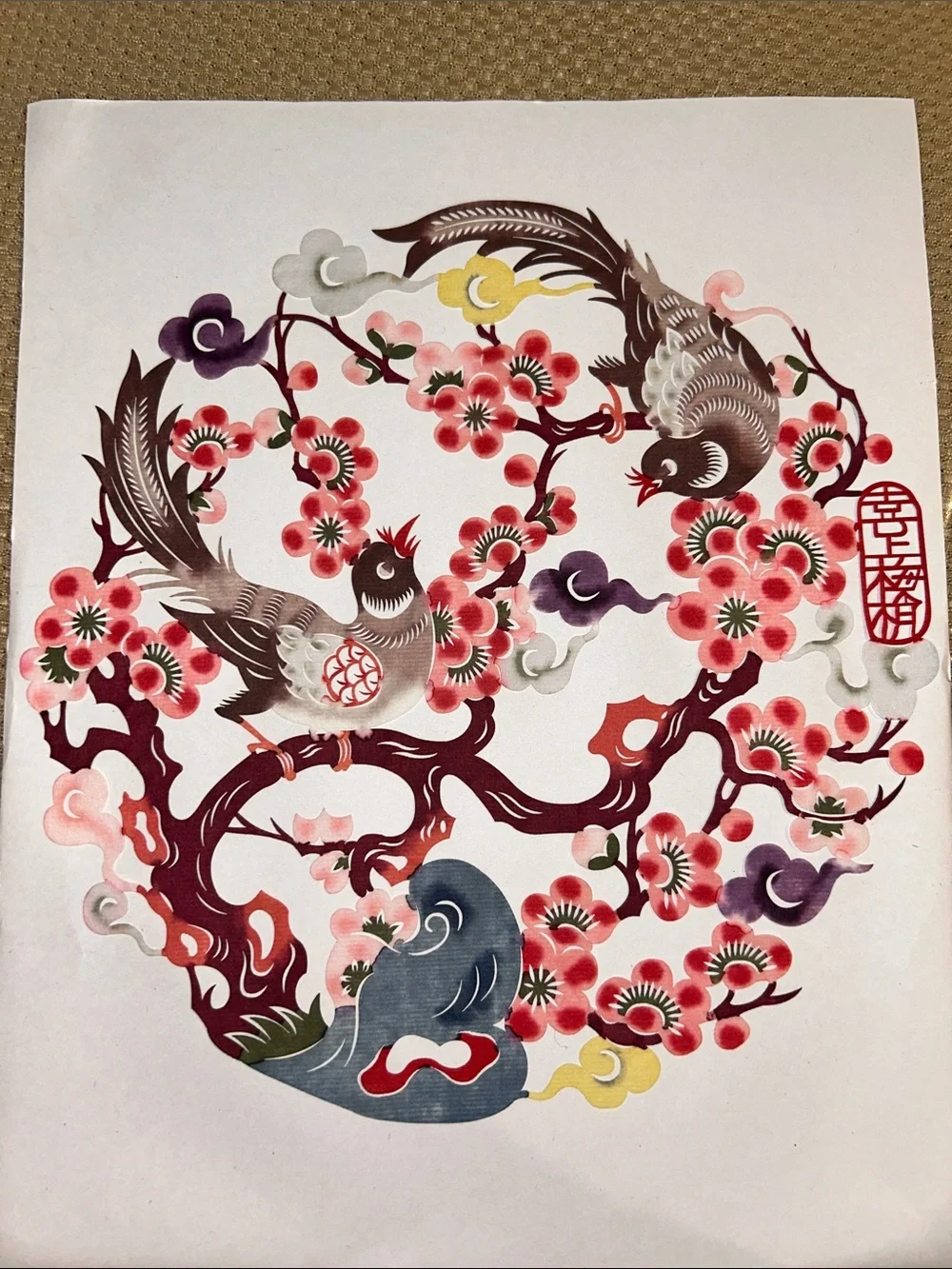 Pink Blossoms and Birds Jianzhi Chinese Paper Cutting Art